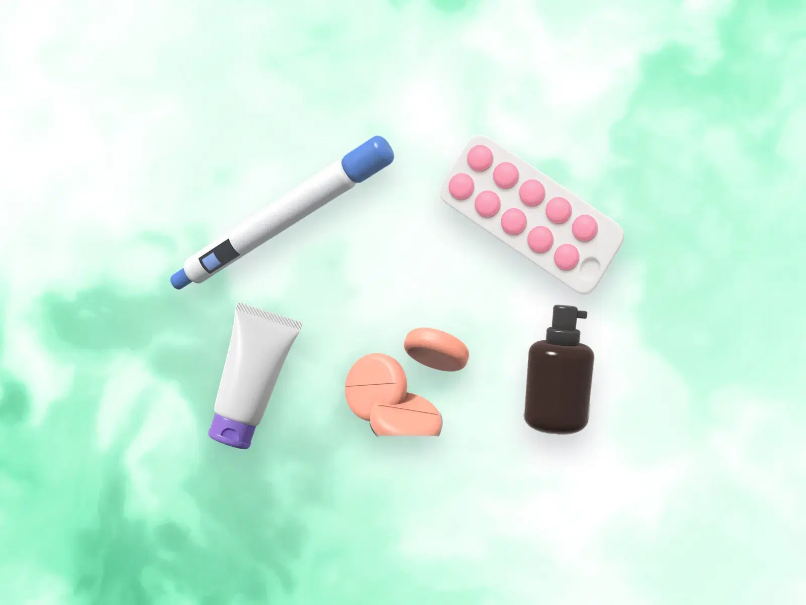 Illustrated treatments for weight loss, hair, sexual health and skin on a soft green background